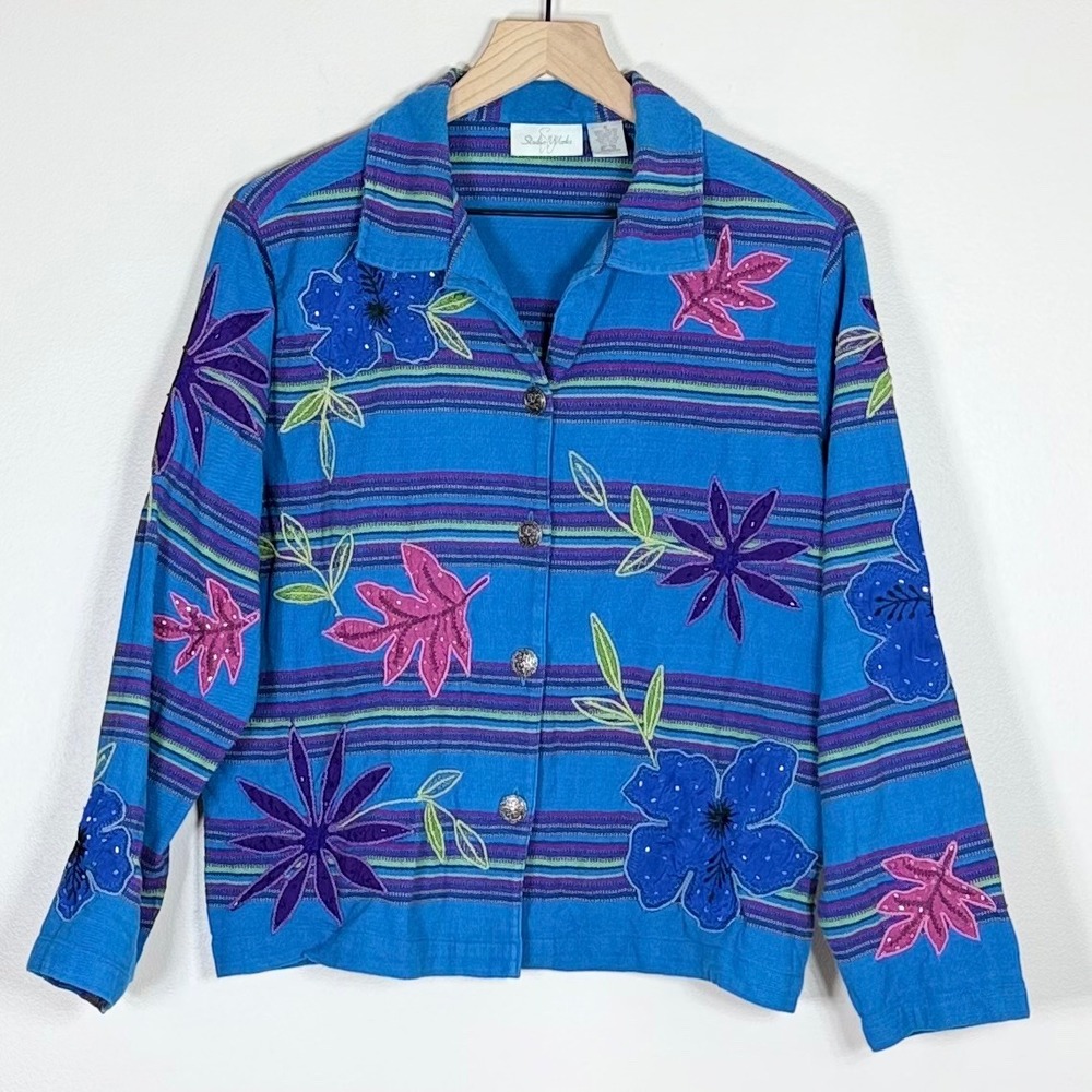 Vtg Studio Works Womens Cotton Shacket Jacket M Floral Embroidered Beaded Artsy